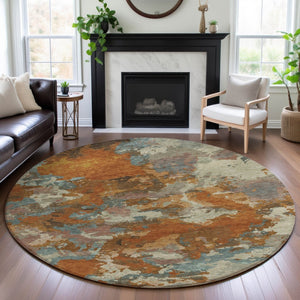 HomeRoots 8' X 8' Modern Abstract Round Rug in Copper, Taupe & Orange - Washable, UV Protected & Stain Resistant 693333