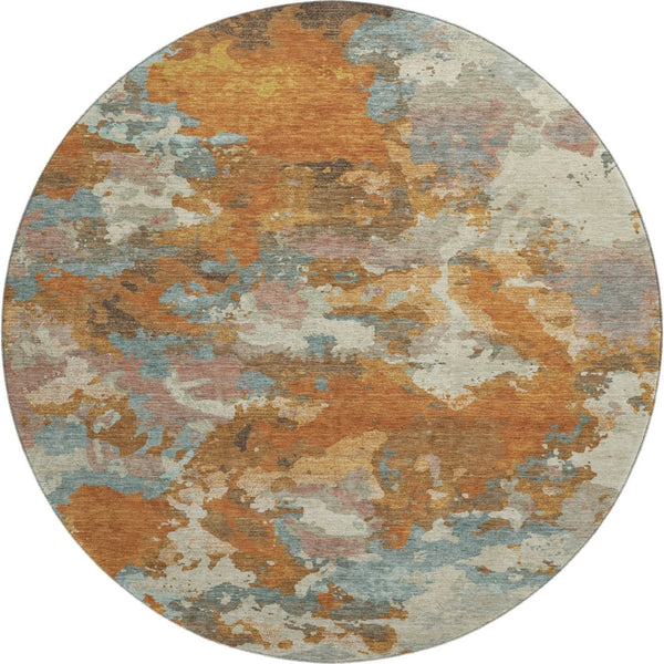 HomeRoots 8' X 8' Modern Abstract Round Rug in Copper, Taupe & Orange - Washable, UV Protected & Stain Resistant 693333