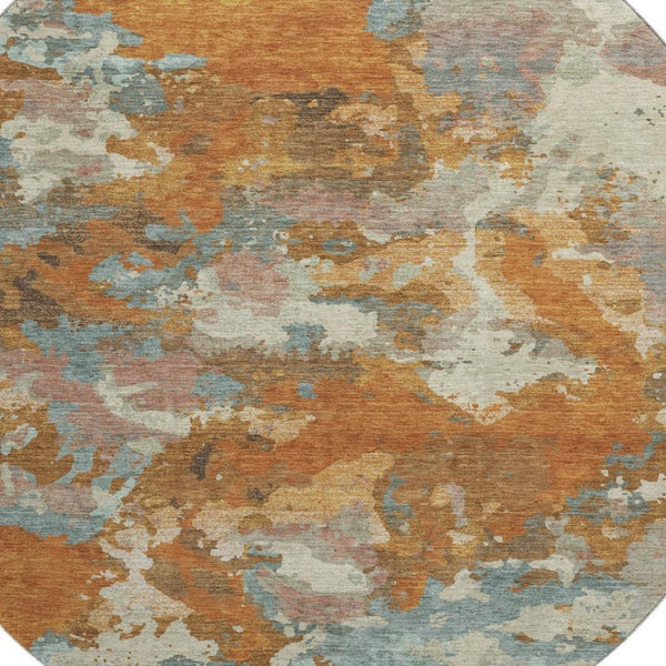 HomeRoots 8' X 8' Modern Abstract Round Rug in Copper, Taupe & Orange - Washable, UV Protected & Stain Resistant 693333