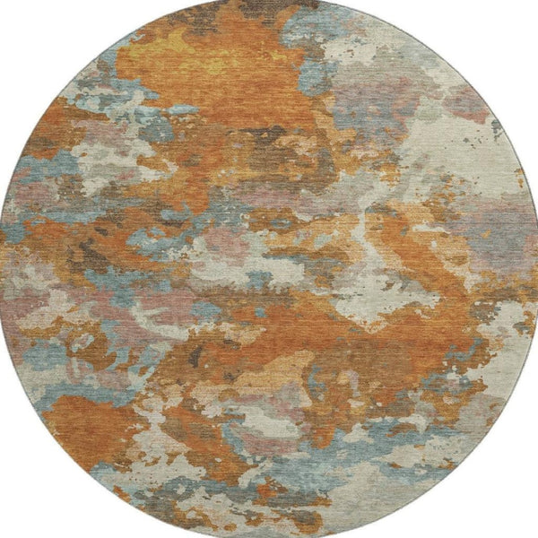 HomeRoots 8' X 8' Modern Abstract Round Rug in Copper, Taupe & Orange - Washable, UV Protected & Stain Resistant 693333