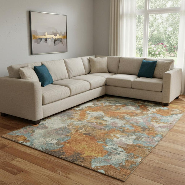 HomeRoots 8' Copper Taupe and Orange Abstract Area Rug - Washable, Stain Resistant, UV Protected Comfort! 693334