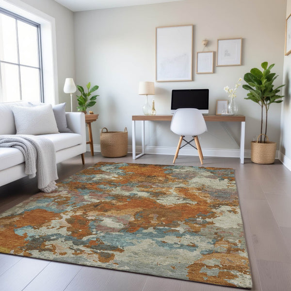 HomeRoots 9' X 12' Abstract Washable Area Rug in Copper & Taupe - UV Protected, Durable, Pet-Friendly Design 693335