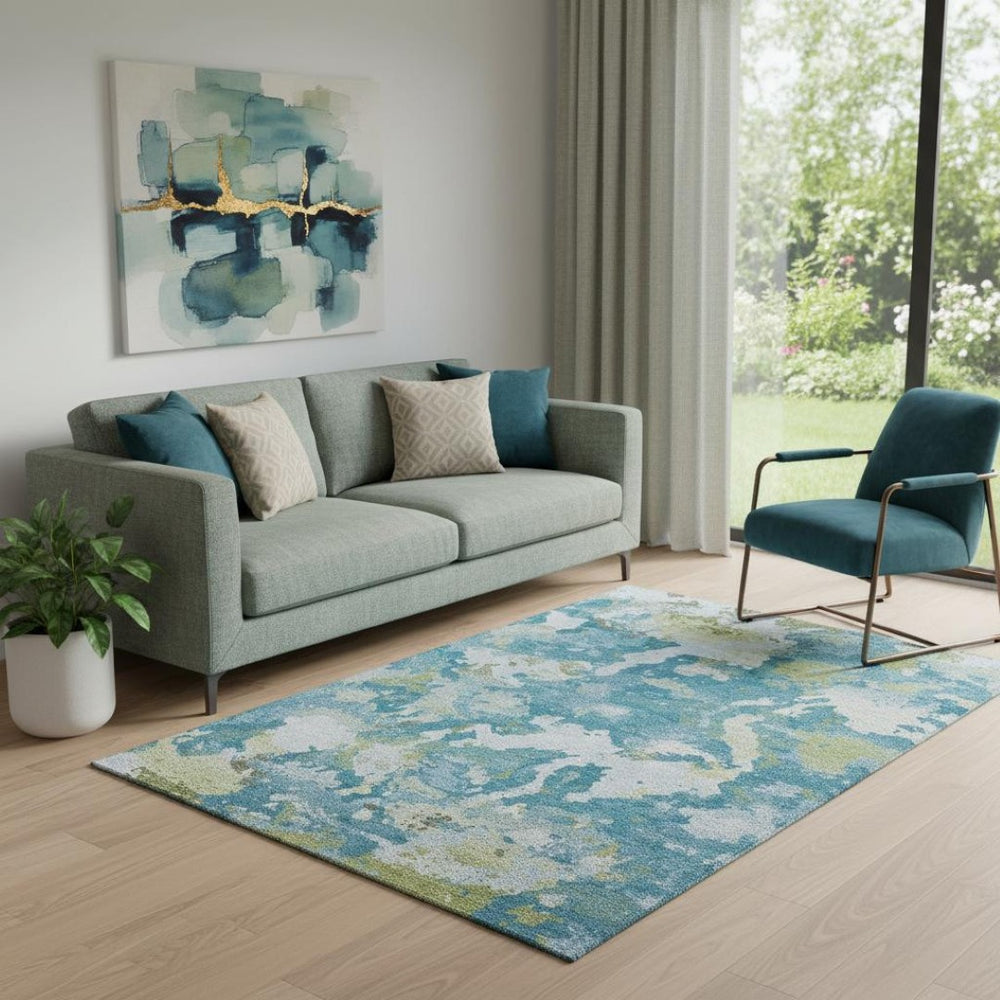 HomeRoots 5' X 8' Washable Area Rug in Denim Blue, Ivory & Green - UV Protected, Stain-Resistant, Non-Slip Design 693338