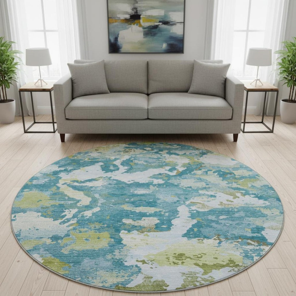HomeRoots 8' Denim Blue, Ivory & Green Abstract Washable Round Rug - UV Protected, Durable & Stylish Design 693339