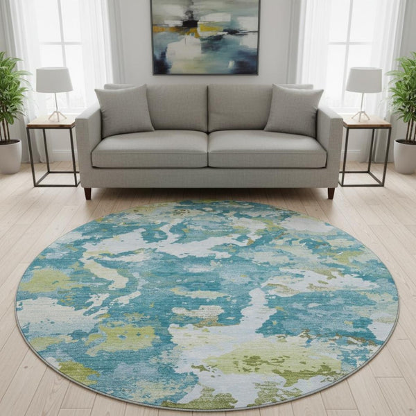 HomeRoots 8' Denim Blue, Ivory & Green Abstract Washable Round Rug - UV Protected, Durable & Stylish Design 693339
