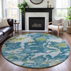 HomeRoots 8' Denim Blue, Ivory & Green Abstract Washable Round Rug - UV Protected, Durable & Stylish Design 693339