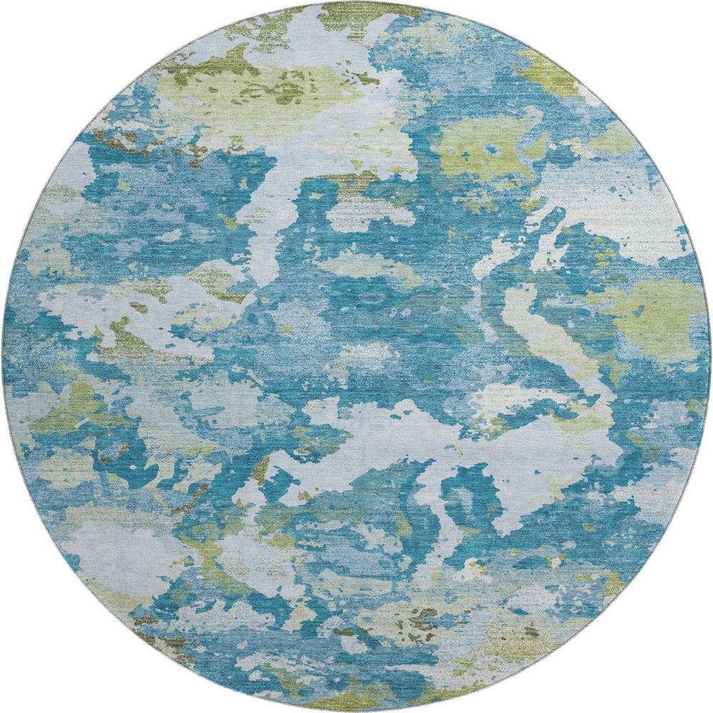 HomeRoots 8' Denim Blue, Ivory & Green Abstract Washable Round Rug - UV Protected, Durable & Stylish Design 693339