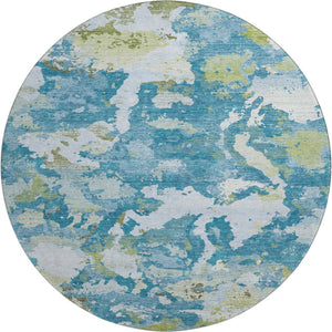 HomeRoots 8' Denim Blue, Ivory & Green Abstract Washable Round Rug - UV Protected, Durable & Stylish Design 693339