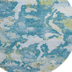 HomeRoots 8' Denim Blue, Ivory & Green Abstract Washable Round Rug - UV Protected, Durable & Stylish Design 693339