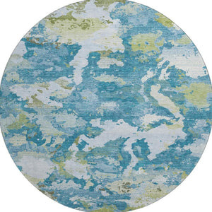 HomeRoots 8' Denim Blue, Ivory & Green Abstract Washable Round Rug - UV Protected, Durable & Stylish Design 693339