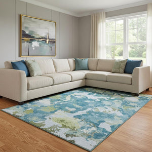 HomeRoots 8' Modern Denim Blue, Ivory & Green Abstract Area Rug - Durable, Washable, UV Protected Design! 693340