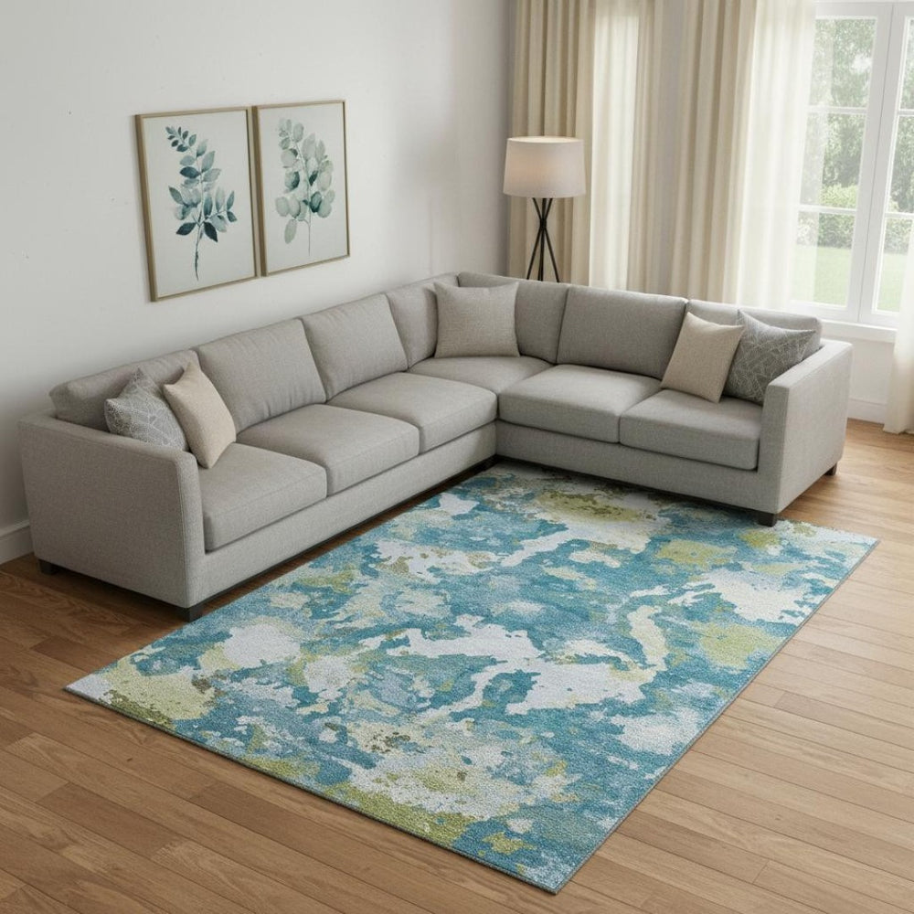 HomeRoots 9' X 12' Stylish Denim Blue, Ivory & Green Abstract Washable Area Rug with UV & Stain Protection 693341