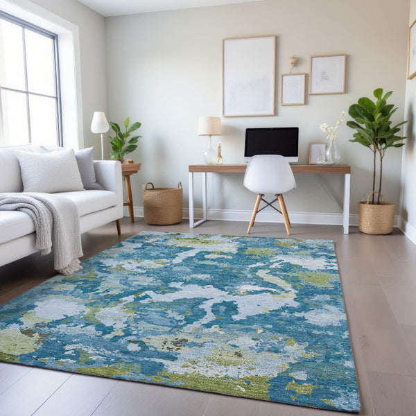 HomeRoots 9' X 12' Stylish Denim Blue, Ivory & Green Abstract Washable Area Rug with UV & Stain Protection 693341