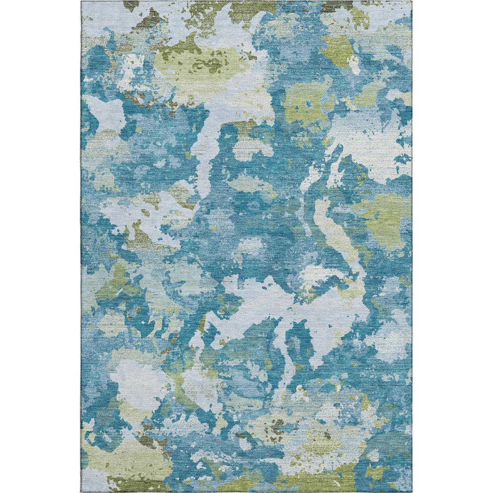 HomeRoots 9' X 12' Stylish Denim Blue, Ivory & Green Abstract Washable Area Rug with UV & Stain Protection 693341