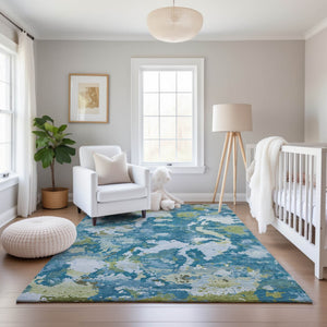 HomeRoots 9' X 12' Stylish Denim Blue, Ivory & Green Abstract Washable Area Rug with UV & Stain Protection 693341