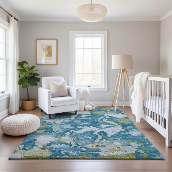HomeRoots 9' X 12' Stylish Denim Blue, Ivory & Green Abstract Washable Area Rug with UV & Stain Protection 693341