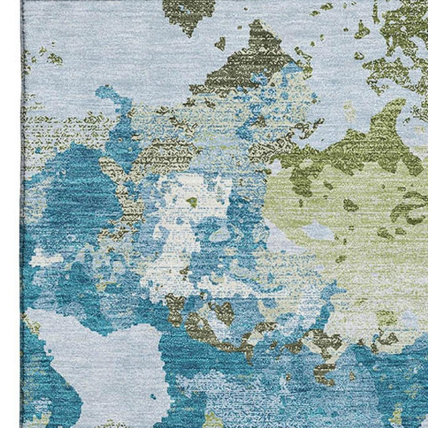 HomeRoots 9' X 12' Stylish Denim Blue, Ivory & Green Abstract Washable Area Rug with UV & Stain Protection 693341