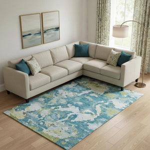 HomeRoots 10' Modern Abstract Denim Blue and Ivory Area Rug - Durable, Washable, UV Protected for Homes 693342