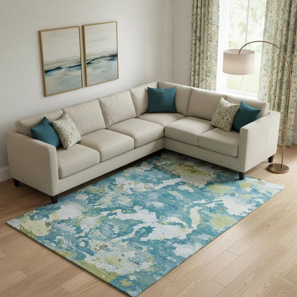 HomeRoots 10' Modern Abstract Denim Blue and Ivory Area Rug - Durable, Washable, UV Protected for Homes 693342