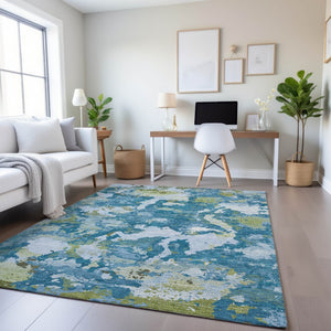 HomeRoots 10' Modern Abstract Denim Blue and Ivory Area Rug - Durable, Washable, UV Protected for Homes 693342