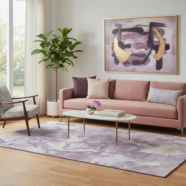 HomeRoots 5' X 8' Abstract Lavender & Ivory Washable Area Rug - UV Protected, Stain Resistant, Non-Slip! 693344