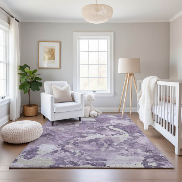 HomeRoots 5' X 8' Abstract Lavender & Ivory Washable Area Rug - UV Protected, Stain Resistant, Non-Slip! 693344