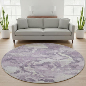 HomeRoots 8' X 8' Stylish Lavender & Ivory Abstract Washable Round Rug with UV Protection for Any Room 693345