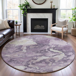 HomeRoots 8' X 8' Stylish Lavender & Ivory Abstract Washable Round Rug with UV Protection for Any Room 693345