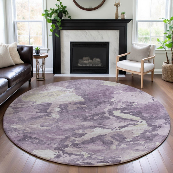 HomeRoots 8' X 8' Stylish Lavender & Ivory Abstract Washable Round Rug with UV Protection for Any Room 693345