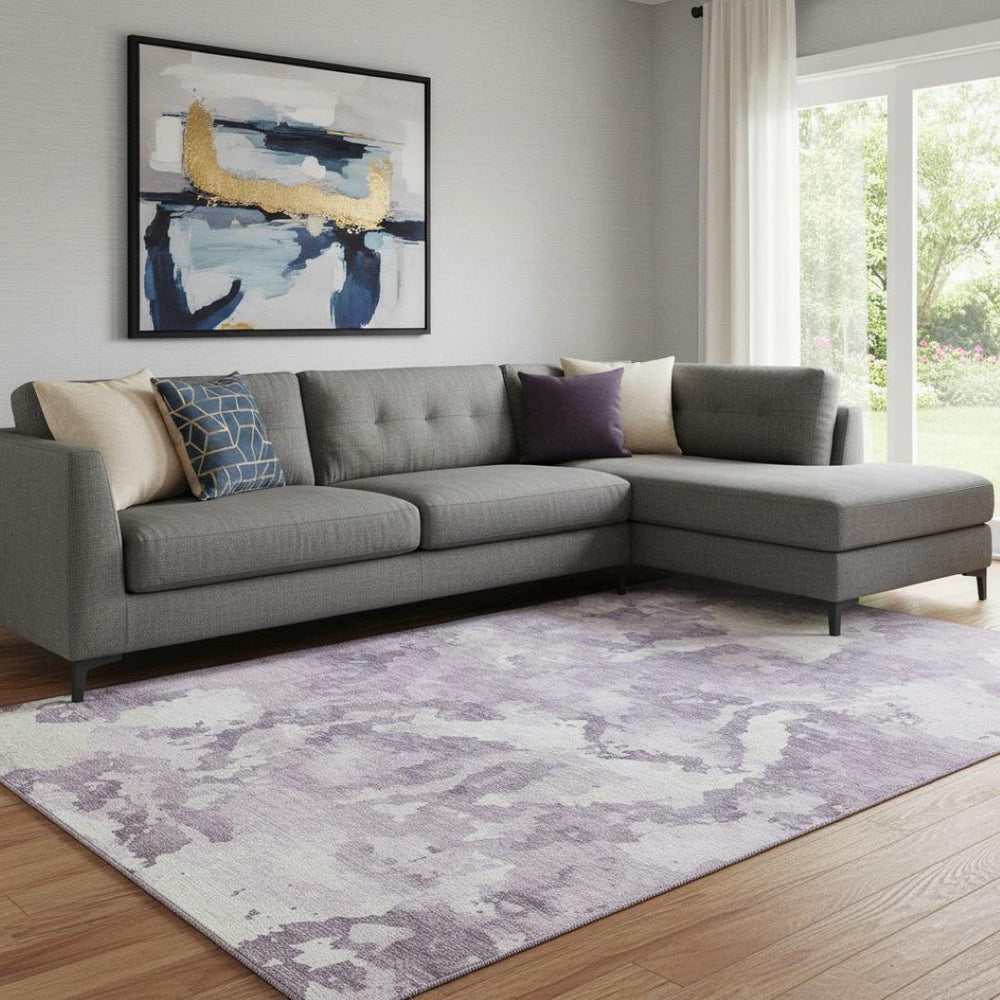 HomeRoots 8' Lavender and Ivory Abstract Area Rug - Durable, Washable, UV-Protected for Modern Living Spaces 693346