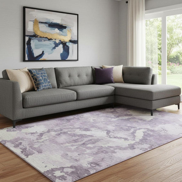 HomeRoots 8' Lavender and Ivory Abstract Area Rug - Durable, Washable, UV-Protected for Modern Living Spaces 693346
