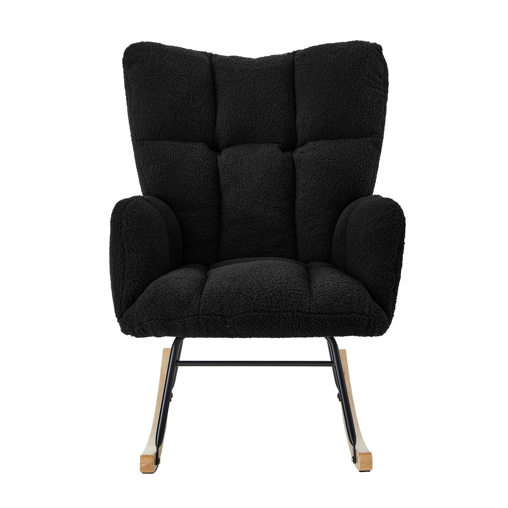 English Elm Glider Tufted Teddy Fabric Rocking Chair with Metal Frame and Rubberwood Legs, Plush Cozy Seat Black W1097P366855