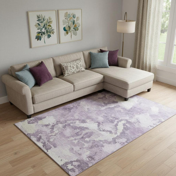 HomeRoots 10' X 14' Elegant Lavender and Ivory Abstract Washable Area Rug with UV Protection for Modern Spaces 693348