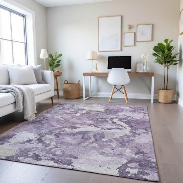HomeRoots 10' X 14' Elegant Lavender and Ivory Abstract Washable Area Rug with UV Protection for Modern Spaces 693348