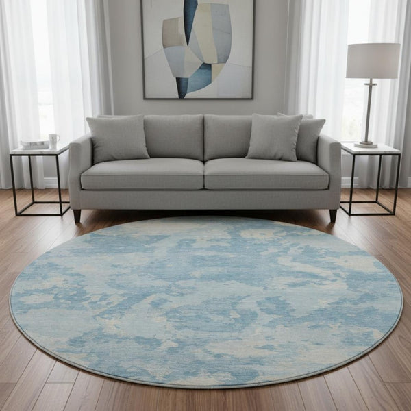 HomeRoots 8' X 8' Sky Blue Abstract Round Rug - UV Protected, Washable, Kid & Pet Friendly for Modern Spaces 693351