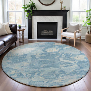 HomeRoots 8' X 8' Sky Blue Abstract Round Rug - UV Protected, Washable, Kid & Pet Friendly for Modern Spaces 693351
