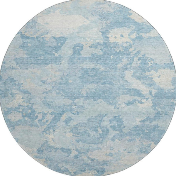 HomeRoots 8' X 8' Sky Blue Abstract Round Rug - UV Protected, Washable, Kid & Pet Friendly for Modern Spaces 693351