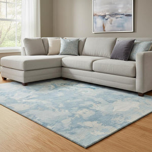 HomeRoots 8' Sky Blue & Ivory Abstract Area Rug - Washable, UV-Protected, Soft, Modern Design for Homes 693352
