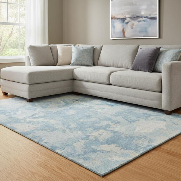 HomeRoots 8' Sky Blue & Ivory Abstract Area Rug - Washable, UV-Protected, Soft, Modern Design for Homes 693352