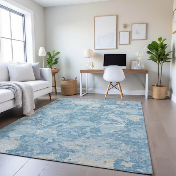 HomeRoots 9' Sky Blue and Ivory Abstract Area Rug - Stylish, Washable, UV-Protected for High-Traffic Homes 693353