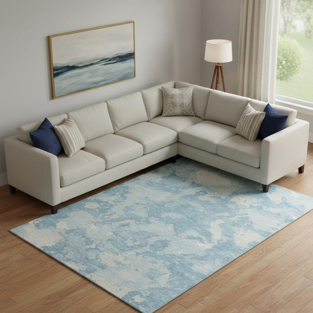 HomeRoots 10' X 14' Sky Blue & Ivory Abstract Washable Area Rug – Durable, Stain-Resistant with UV Protection! 693354