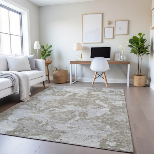 HomeRoots 5' X 8' Washable Taupe Gray & Silver Abstract Area Rug with UV Protection for High-Traffic Areas 693356