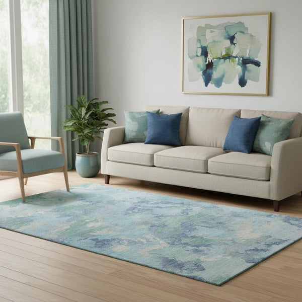 HomeRoots 5' X 8' Pale Aqua Ivory Gray Abstract Washable Area Rug - Stylish, Durable, UV-Resistant & Easy-Clean 693362