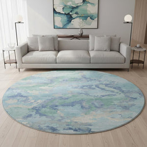 HomeRoots 8' Round Pale Aqua and Gray Abstract Washable Rug - UV Protected, Non-Slip, Modern Home Decor 693363