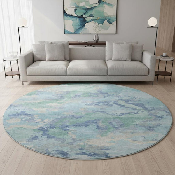 HomeRoots 8' Round Pale Aqua and Gray Abstract Washable Rug - UV Protected, Non-Slip, Modern Home Decor 693363
