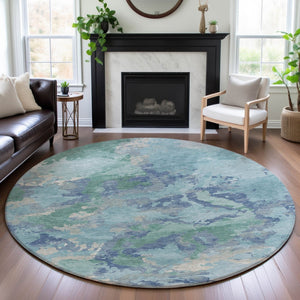 HomeRoots 8' Round Pale Aqua and Gray Abstract Washable Rug - UV Protected, Non-Slip, Modern Home Decor 693363