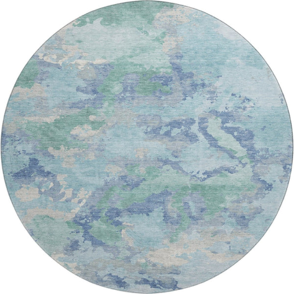 HomeRoots 8' Round Pale Aqua and Gray Abstract Washable Rug - UV Protected, Non-Slip, Modern Home Decor 693363