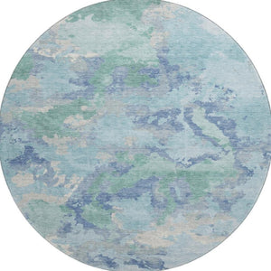 HomeRoots 8' Round Pale Aqua and Gray Abstract Washable Rug - UV Protected, Non-Slip, Modern Home Decor 693363