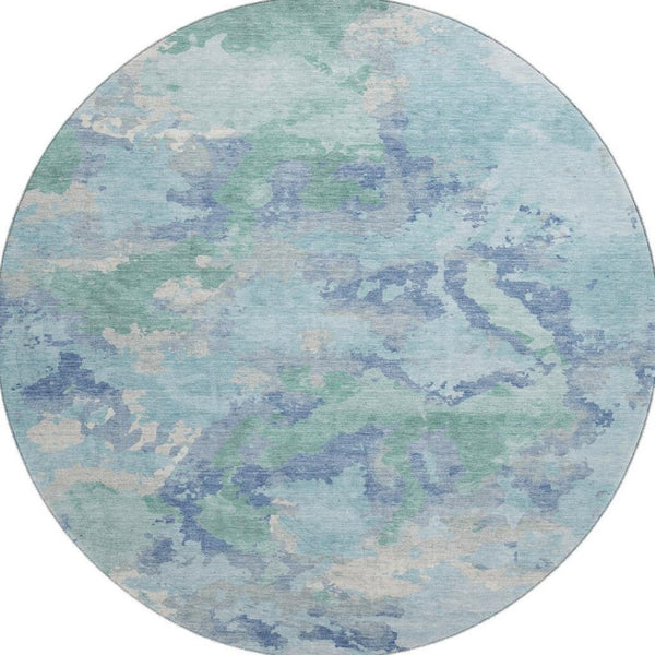 HomeRoots 8' Round Pale Aqua and Gray Abstract Washable Rug - UV Protected, Non-Slip, Modern Home Decor 693363