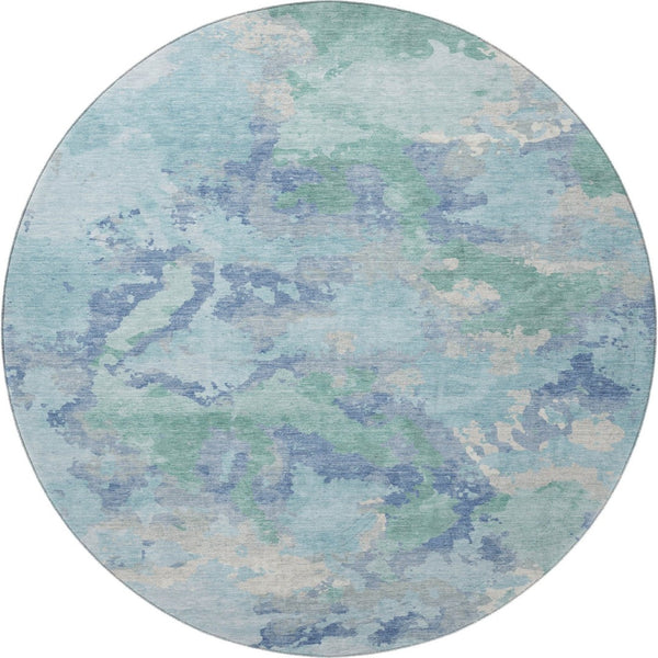 HomeRoots 8' Round Pale Aqua and Gray Abstract Washable Rug - UV Protected, Non-Slip, Modern Home Decor 693363